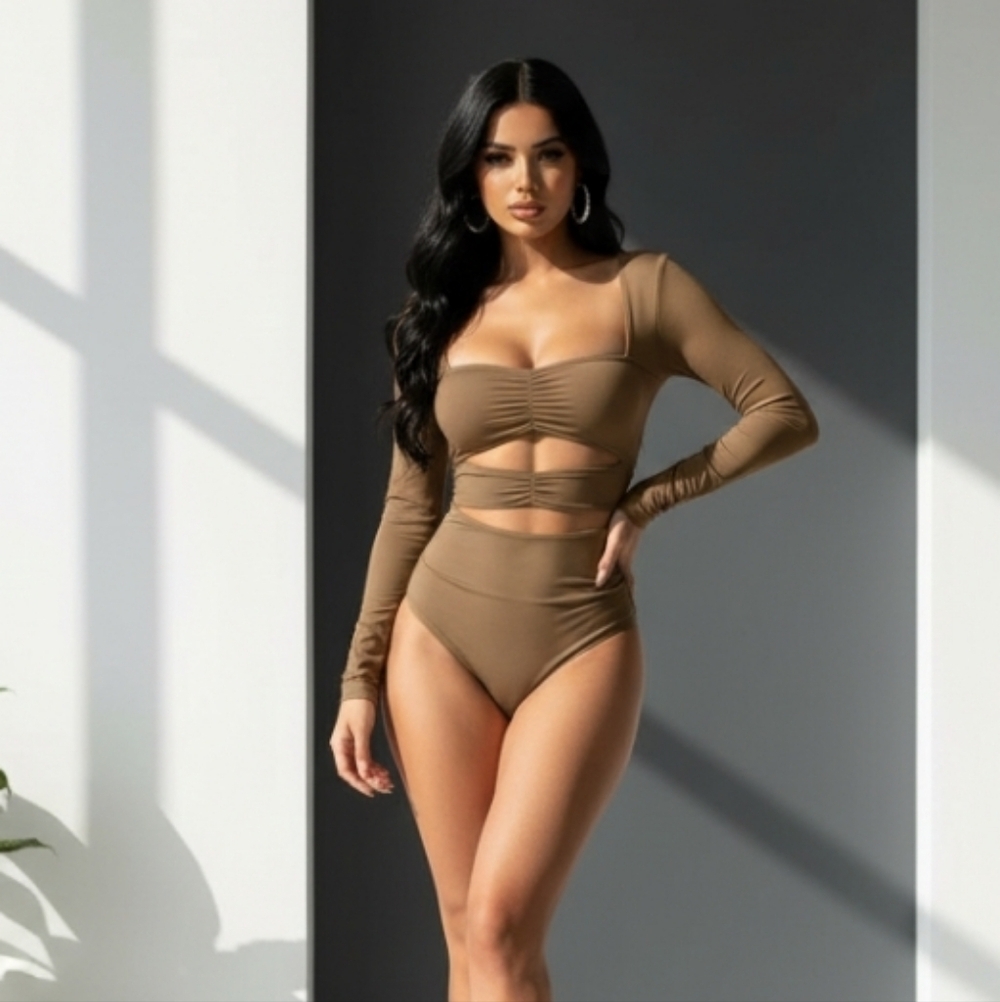 Elegant Ruched Square Neckline Tan Long Sleeve Cutout Bodysuit Women Size Medium